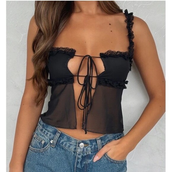 White Fox Boutique Cold Flame Top Medium Black Tie Front Lace Elastic Straps NWT - Picture 3 of 10